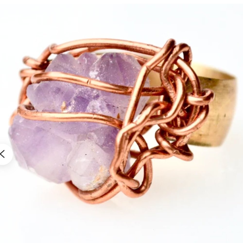 Genuine Amethyst Druzy Raw Purple Gemstone Solid Copper Wire Wrapped Brass Ring